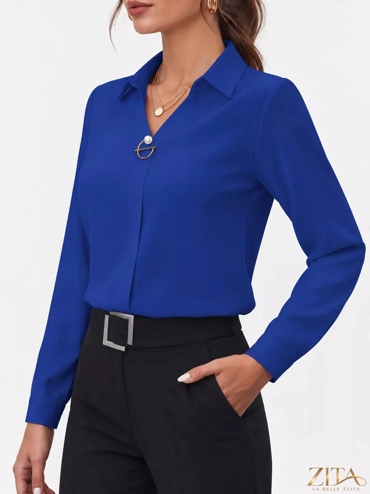 Zita La Belle Elite long sleeve satin blouse in deep burgundy, featuring a smooth, shiny fabric and classic collar design.