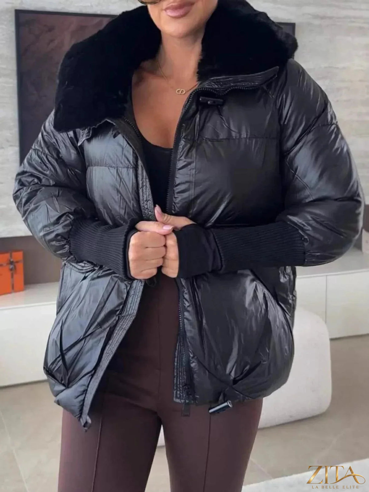 Zita La Belle Elite fur collar padded puffer jacket featuring a cozy fur-lined collar and quilted design for warmth and style.