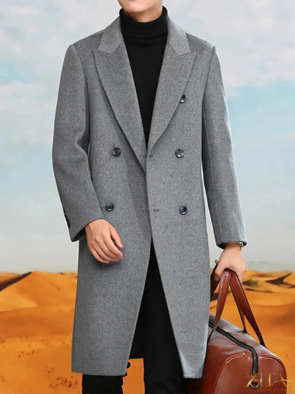 Men's plus size double-breasted longline coat by Zita La Belle Elite, showing the navy blue, tailored fit, and stylish lapel details.