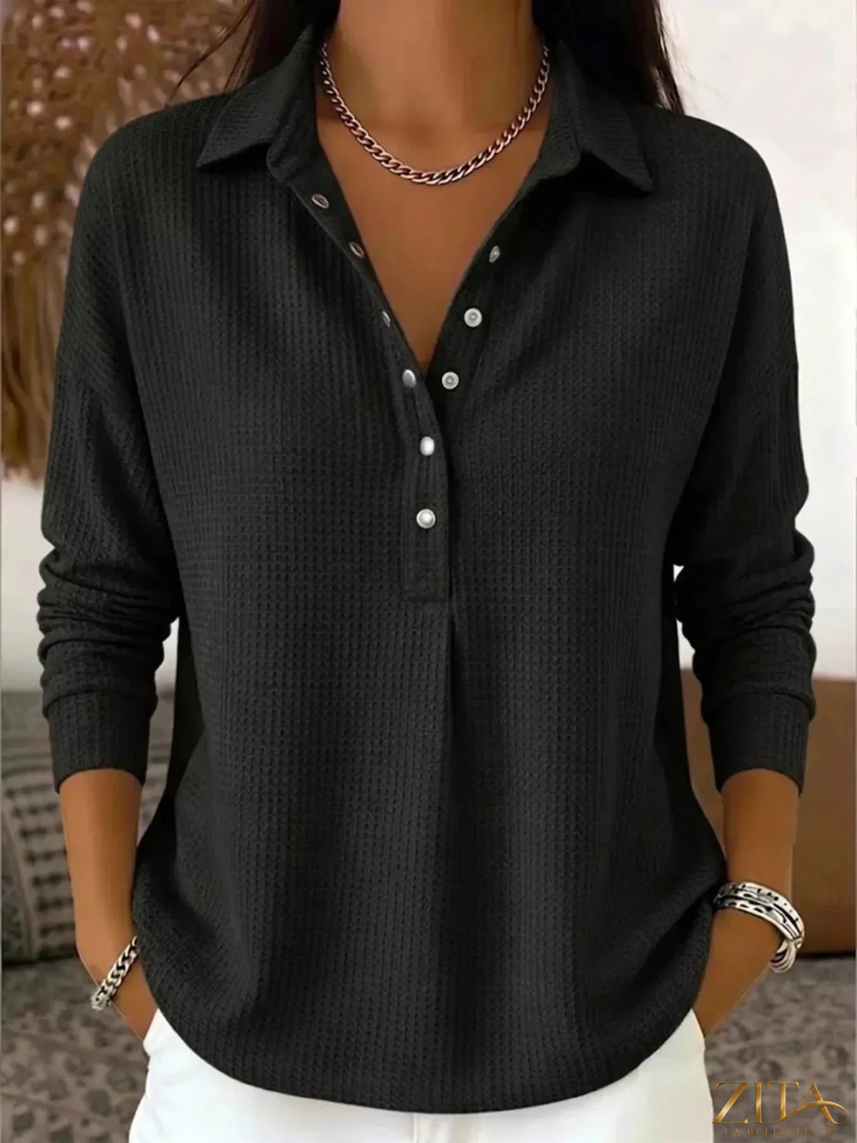 Zita La Belle Elite waffle knit snap-down blouse in neutral color, featuring a collared neckline and button details.