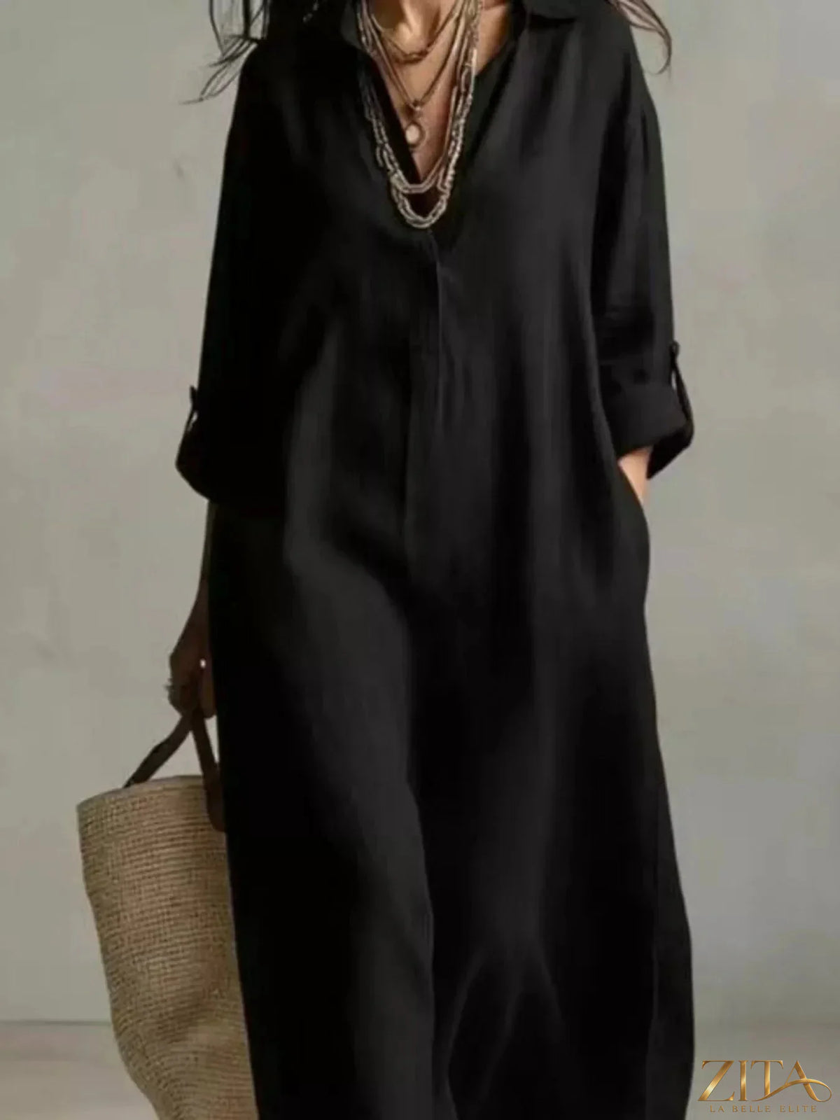 Plus size Zita La Belle Elite casual midi shirt dress with a relaxed fit and button-front design, shown on a model.