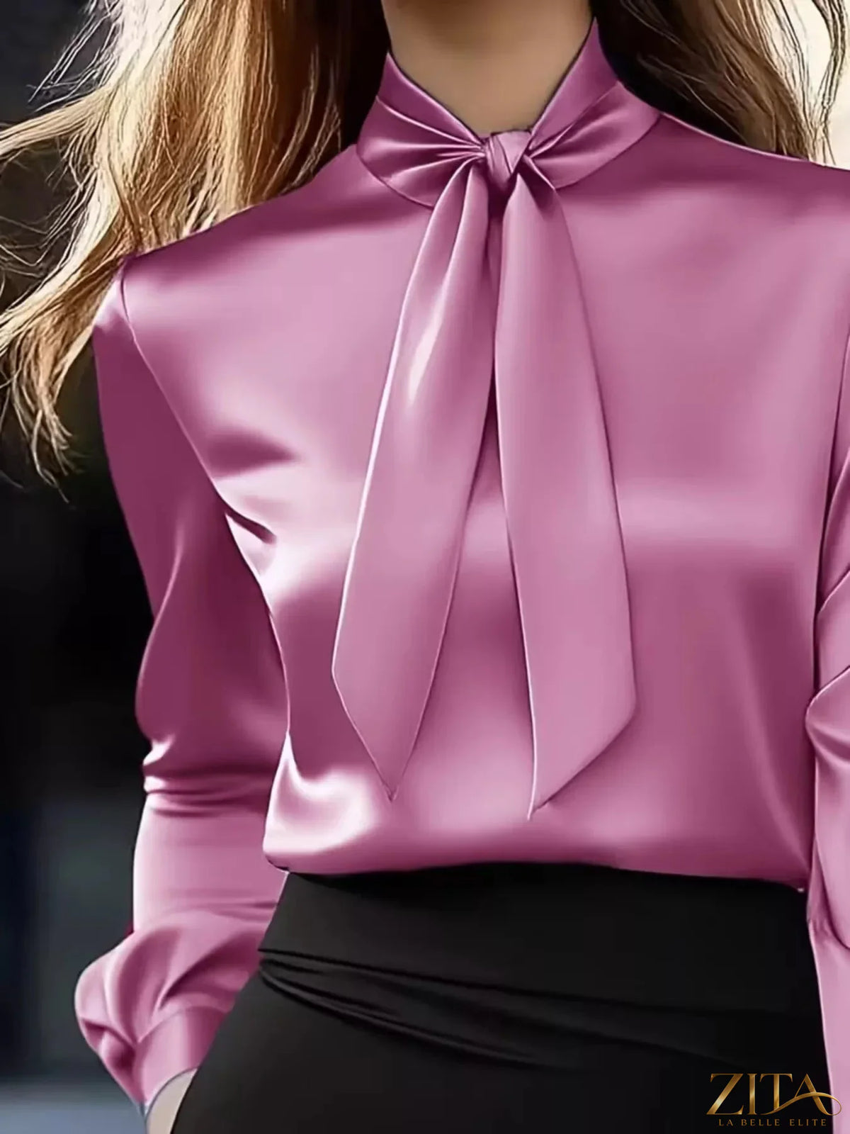 Zita La Belle Elite satin bow tie long sleeve blouse with front button closure and elegant design.