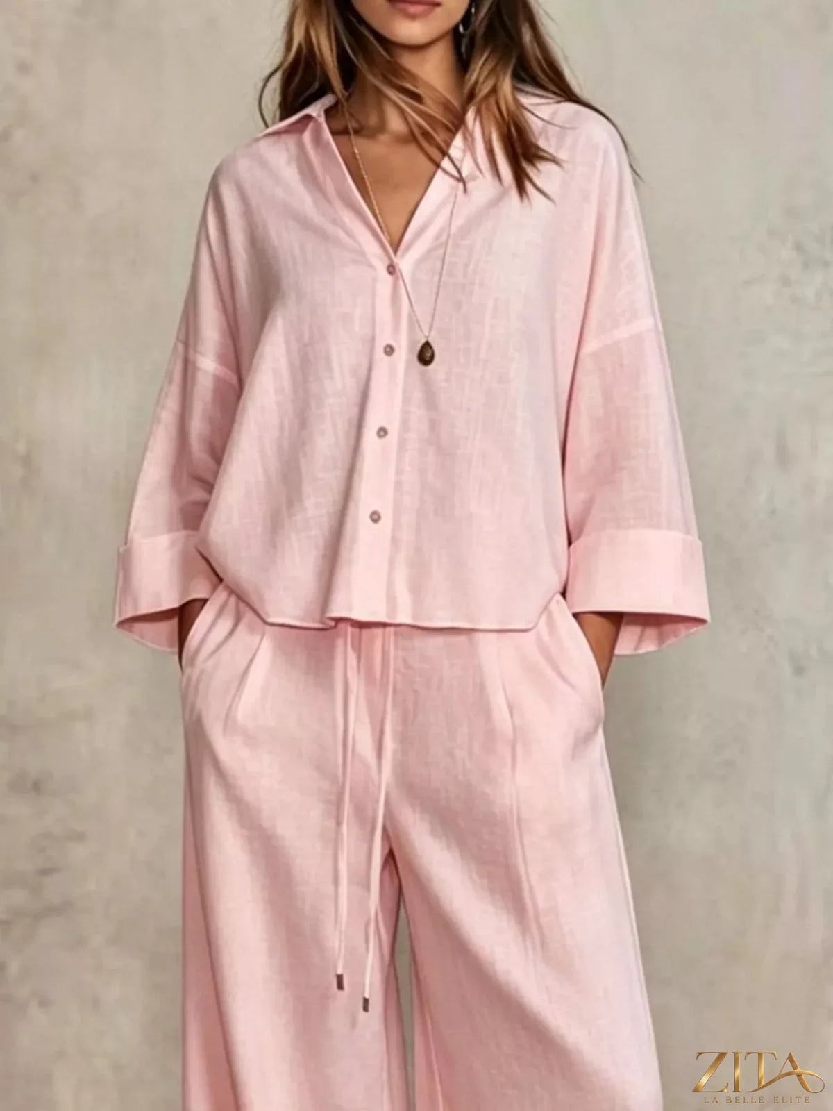 Plus size Zita La Belle Elite button-down shirt and wide-leg pants set, featuring a stylish, coordinated outfit in natural fabric.