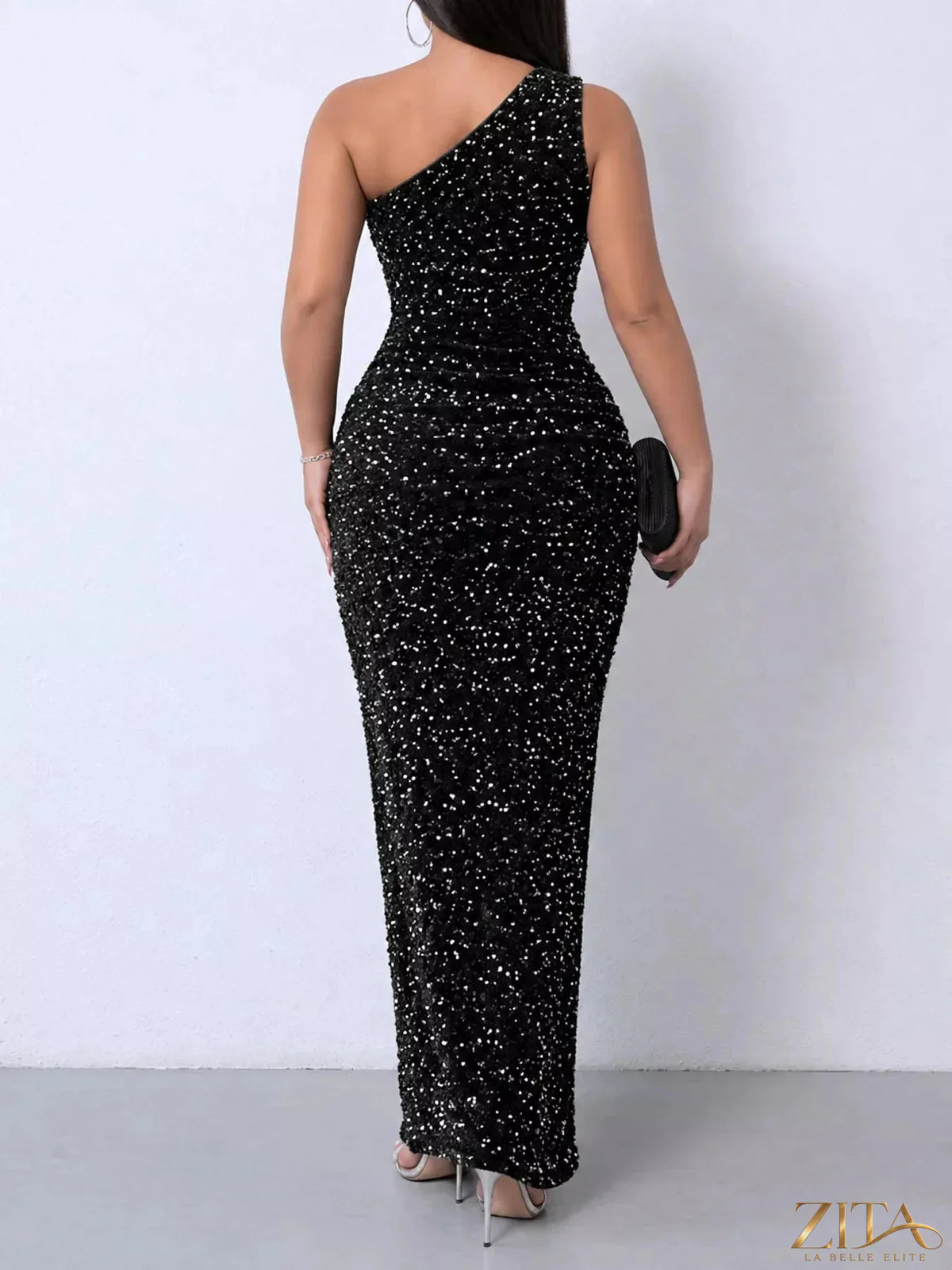Zita La Belle Elite one-shoulder ruched sequin evening dress with high slit, elegant and glamorous for formal occasions.