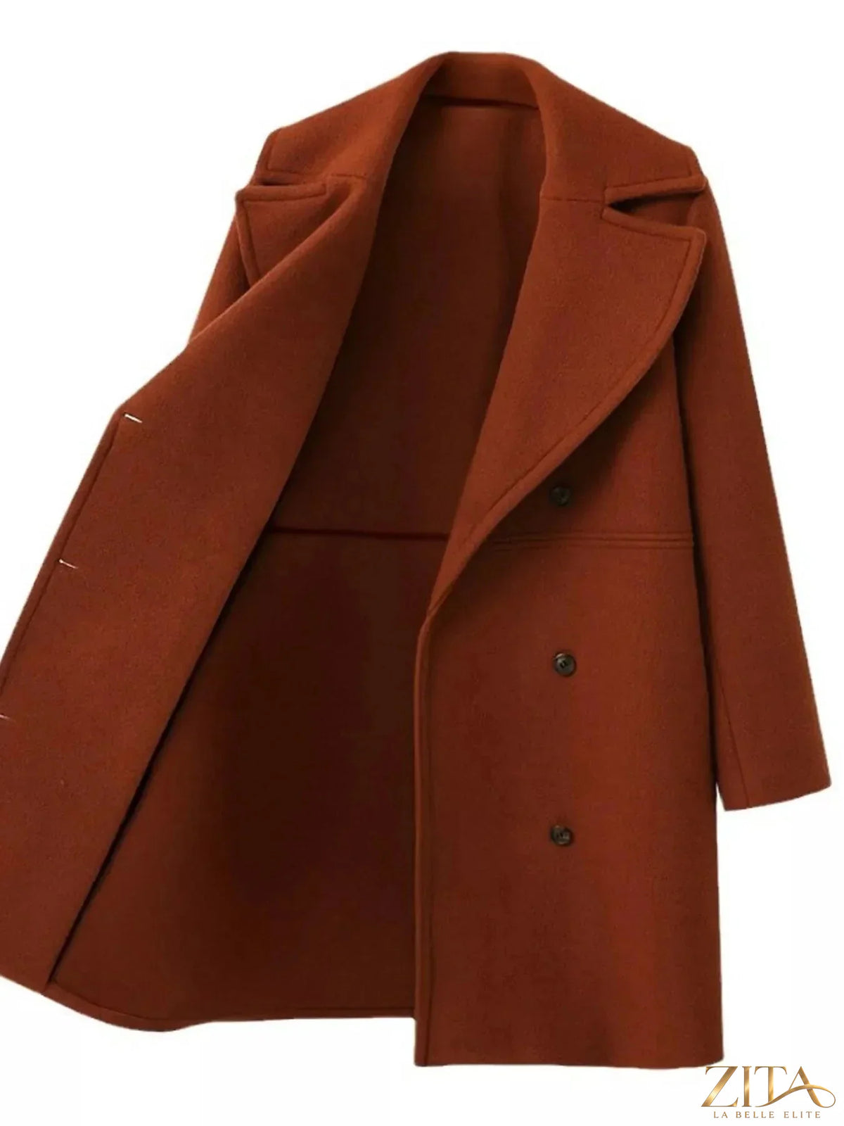 Zita La Belle Elite double-breasted long sleeve coat in a stylish design, shown in a front view with buttons and tailored fit.