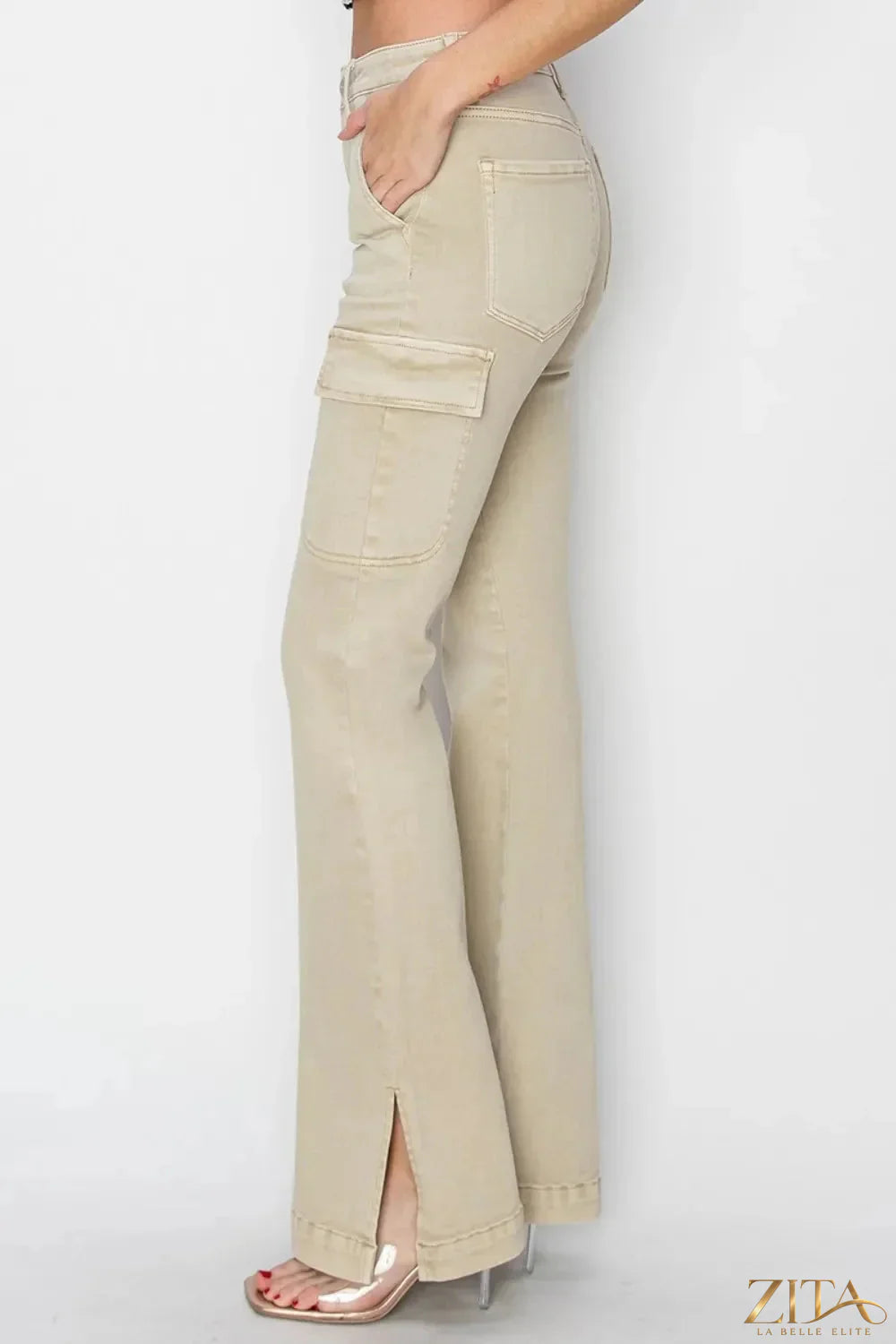 Zita La Belle Elite RISEN full size high rise side slit cargo bootcut jeans, dark denim with side slits and functional cargo pockets