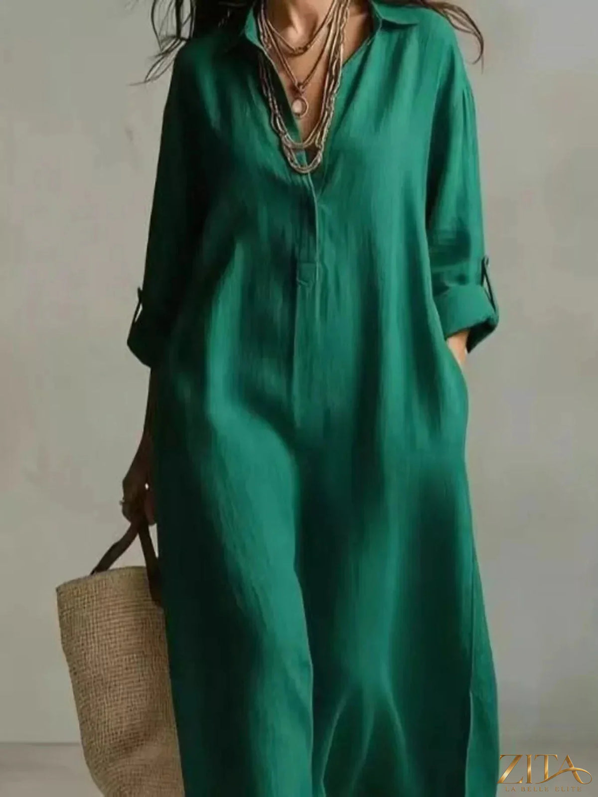 Plus size Zita La Belle Elite casual midi shirt dress, full-length with long sleeves, button-front, and relaxed fit.