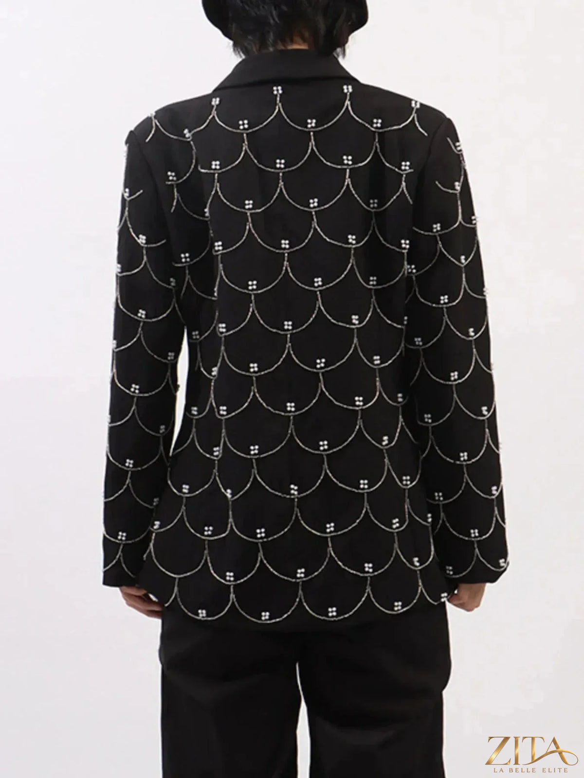 Zita La Belle Elite pearl detail long sleeve blazer featuring elegant design and tailored fit, shown on a model.