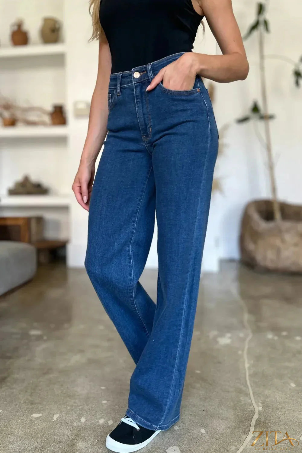 Zita La Belle Elite Judy Blue full-size high-rise straight jeans with classic denim look and belt loops, front and back view.