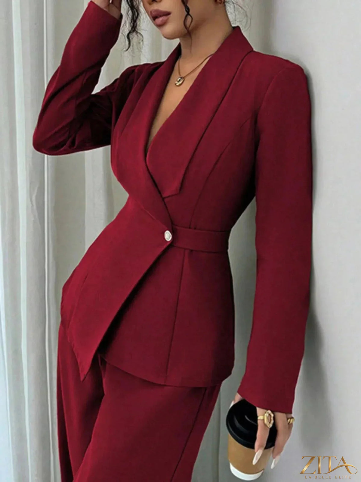 Zita La Belle Elite one-button blazer and matching pants set, tailored fit, in classic black fabric for a sophisticated look.