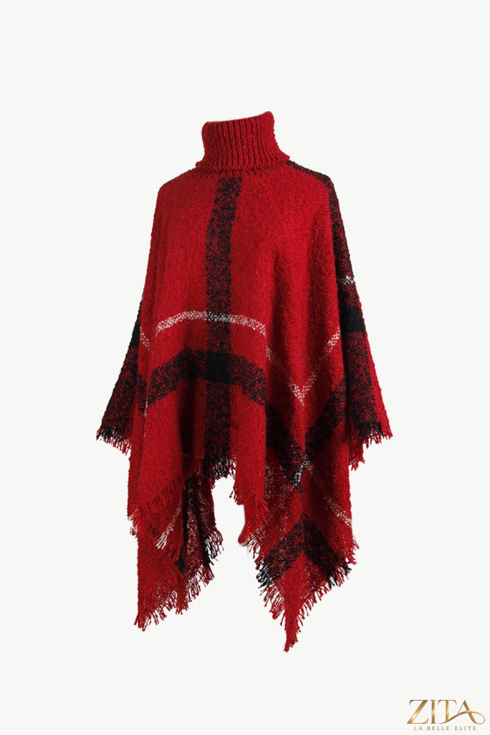 Plaid turtleneck raw hem poncho by Trendsi, featuring a cozy plaid pattern, turtleneck collar, and unfinished hem for a stylish layered look.