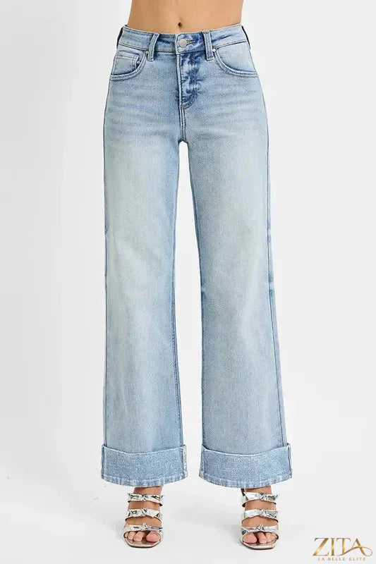Zita La Belle Elite Risen Tummy Control high-rise cuffed wide jeans displayed on a model, showcasing their fit and style.