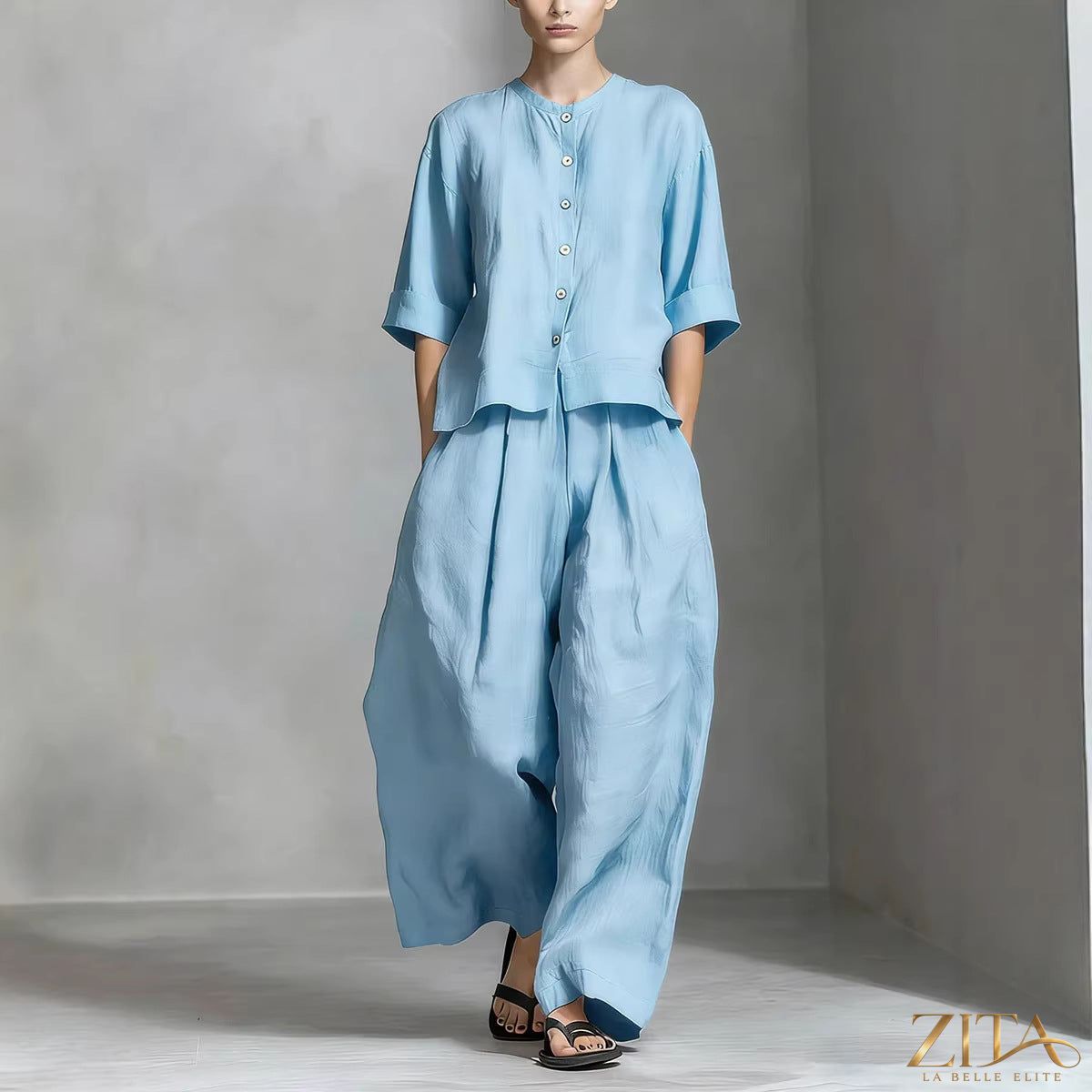 Zita La Belle Elite three-quarter sleeve shirt and loose trousers two-piece set, stylish and comfortable casual outfit.