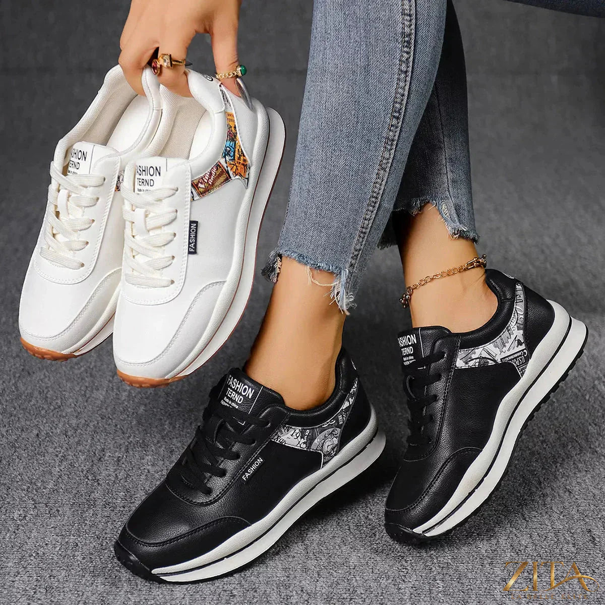 Zita La Belle Elite round toe lace-up sneakers in white with rubber outsole, stylish and comfortable casual footwear.