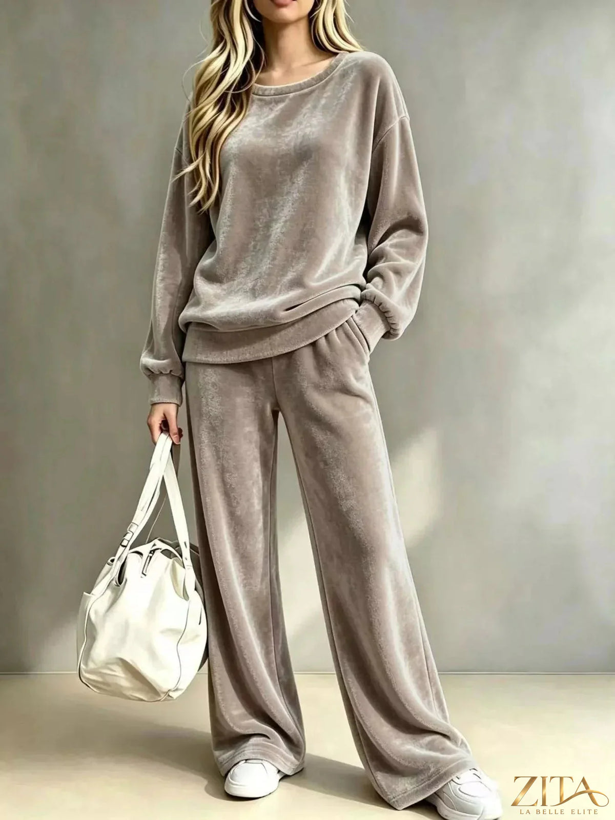 Plus size Zita La Belle Elite velvet dropped shoulder top and wide leg pants set, featuring a luxurious, stylish design.