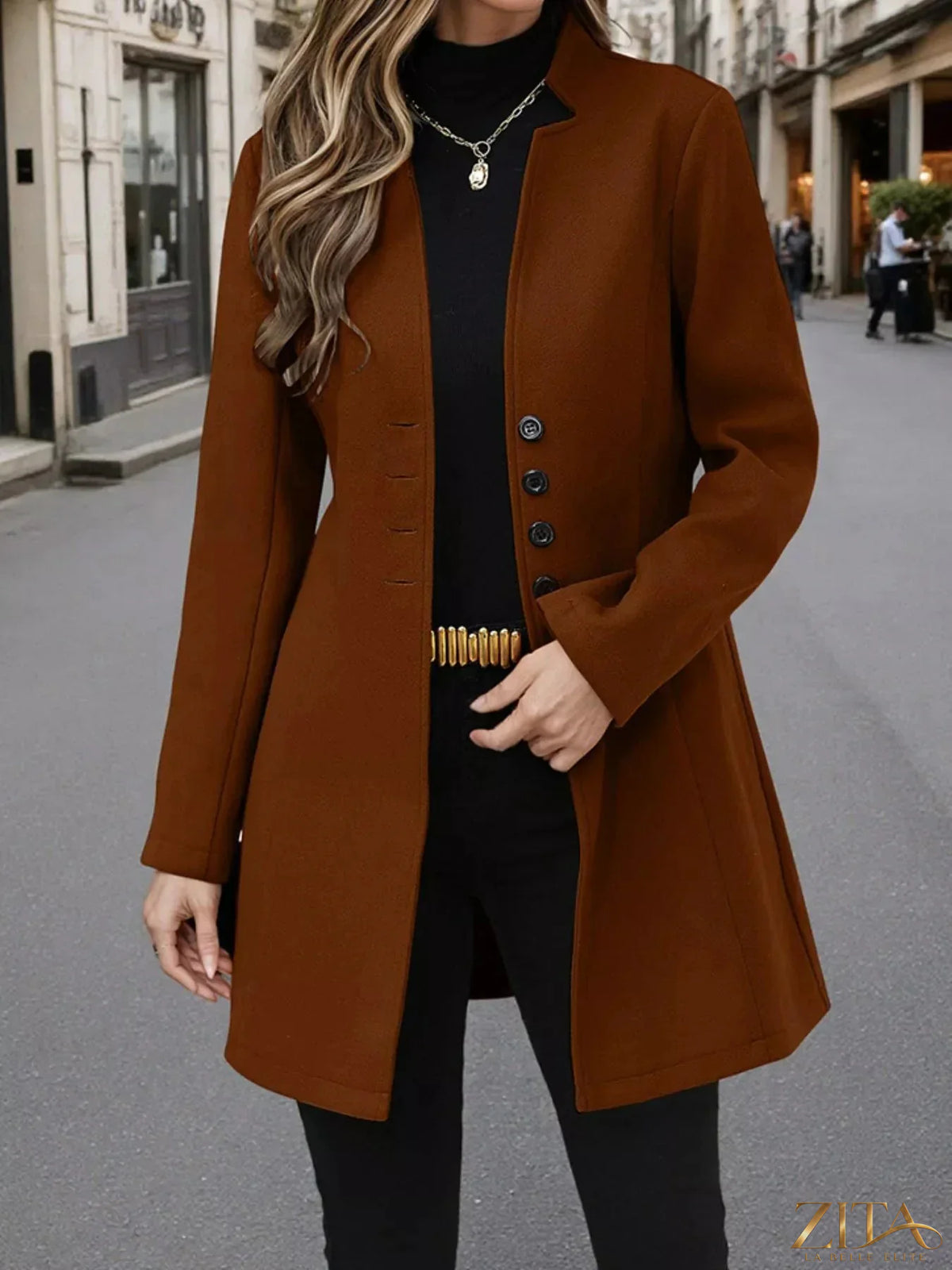 Zita La Belle Elite button-up long sleeve coat in dark fabric with front buttons and collar, stylish outerwear for women.