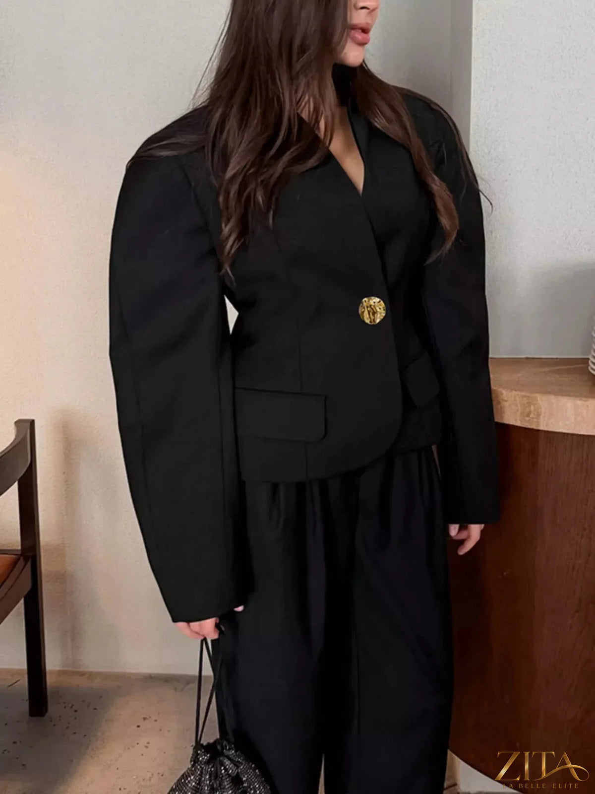 Zita La Belle Elite puffy sleeve blazer and wide-leg pants set, stylish tailored suit with structured shoulders and flowing trousers.