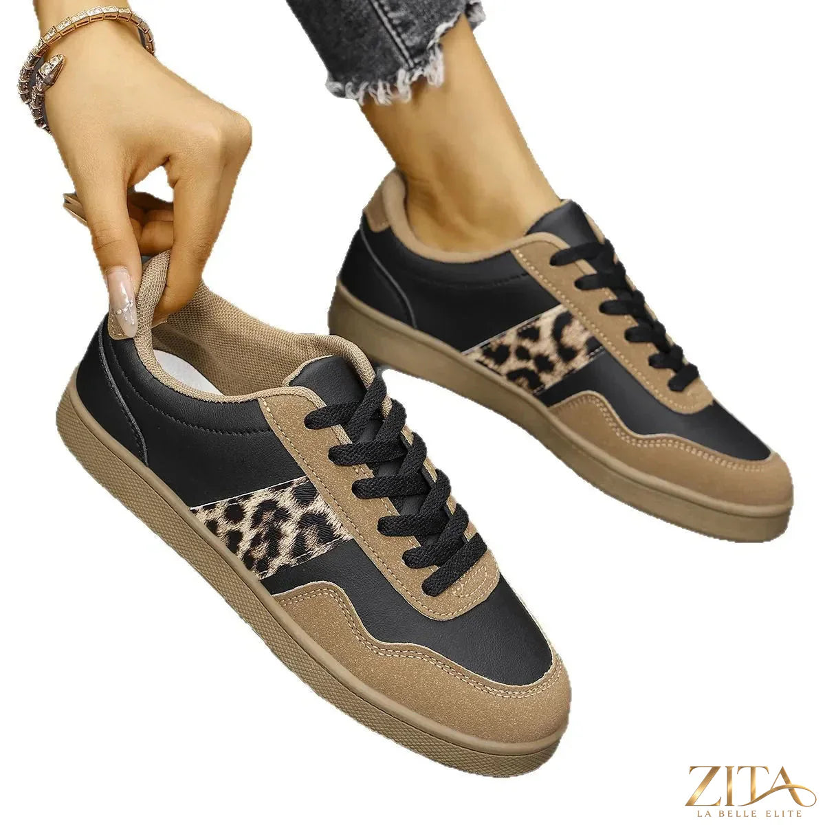 Leopard print lace-up round toe sneakers by Zita La Belle Elite featuring stylish animal print and comfortable sneaker design.