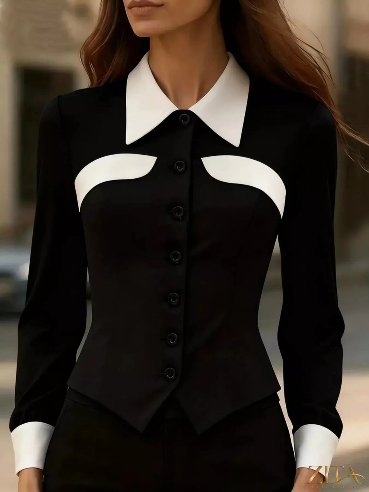 Zita La Belle Elite contrast button-down shirt with black and white pattern, long sleeves, and classic collar.