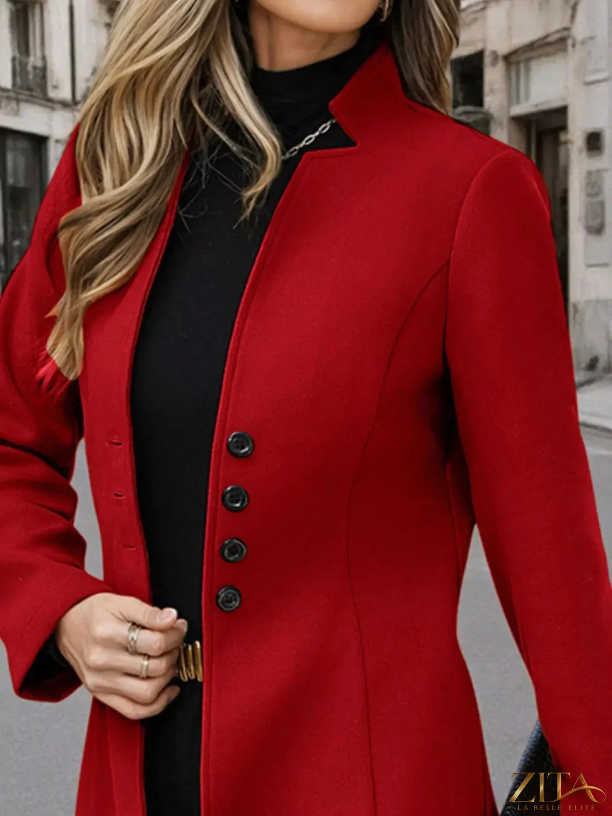 Zita La Belle Elite button-up long sleeve coat in a stylish design, shown in a close-up image highlighting fabric and details.