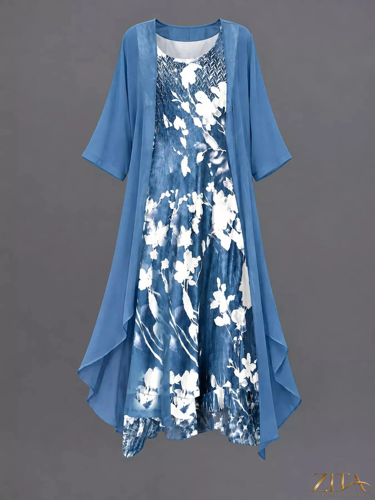 Plus size floral print midi dress with chiffon cardigan set by Zita La Belle Elite, featuring vibrant patterns and flowing fabric.