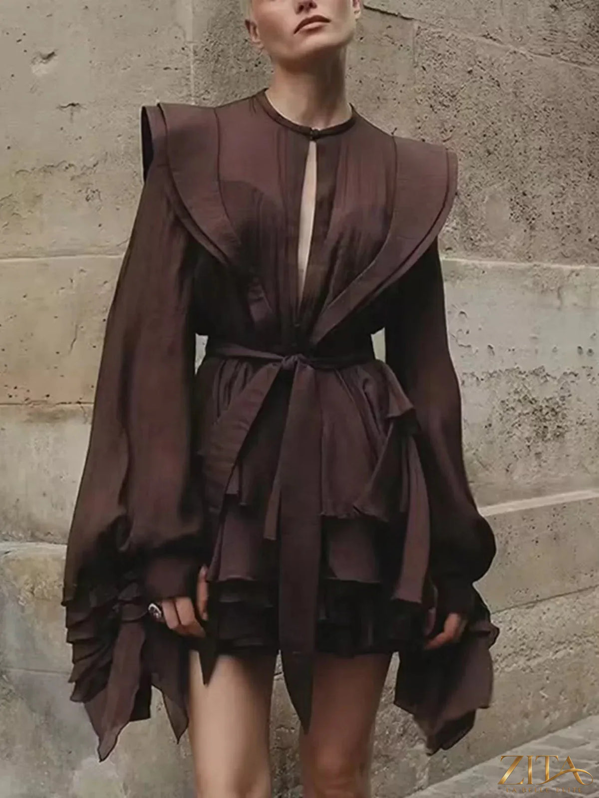 Ruffled long sleeve mini dress from Trendsi, featuring a flowy silhouette and feminine ruffle details.