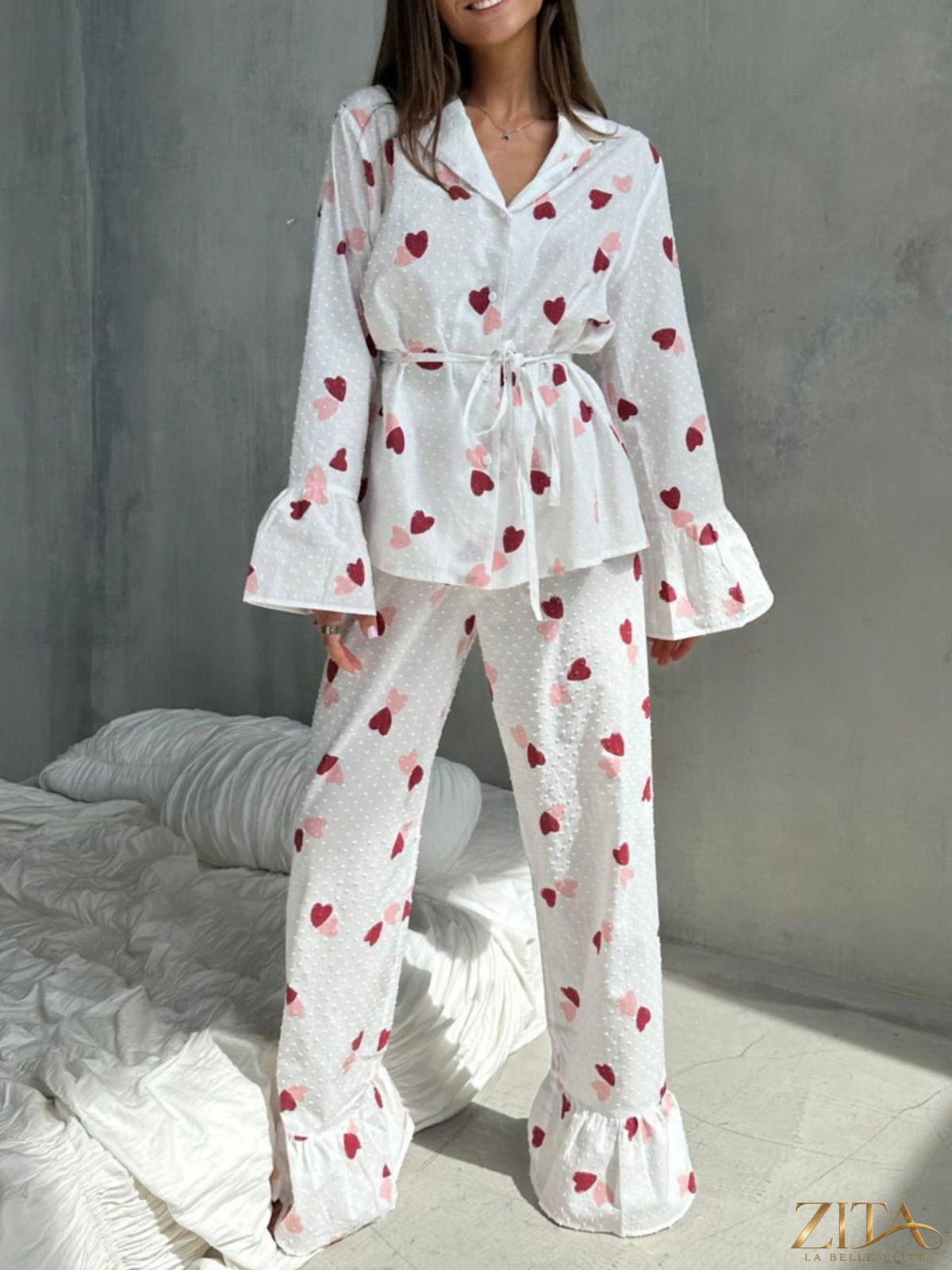 Zita La Belle Elite heart print long sleeve top and matching pants lounge set, cozy and stylish for comfortable home wear.