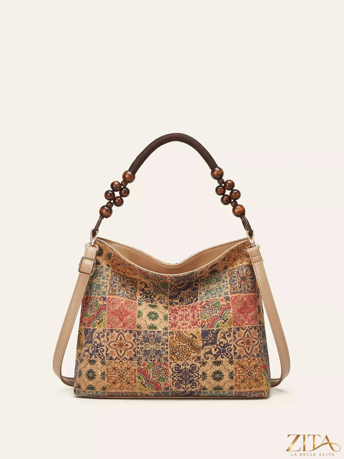 Zita La Belle Elite bohemian hobo handbag with geometric pattern, featuring a textured fabric and rounded shoulder strap.