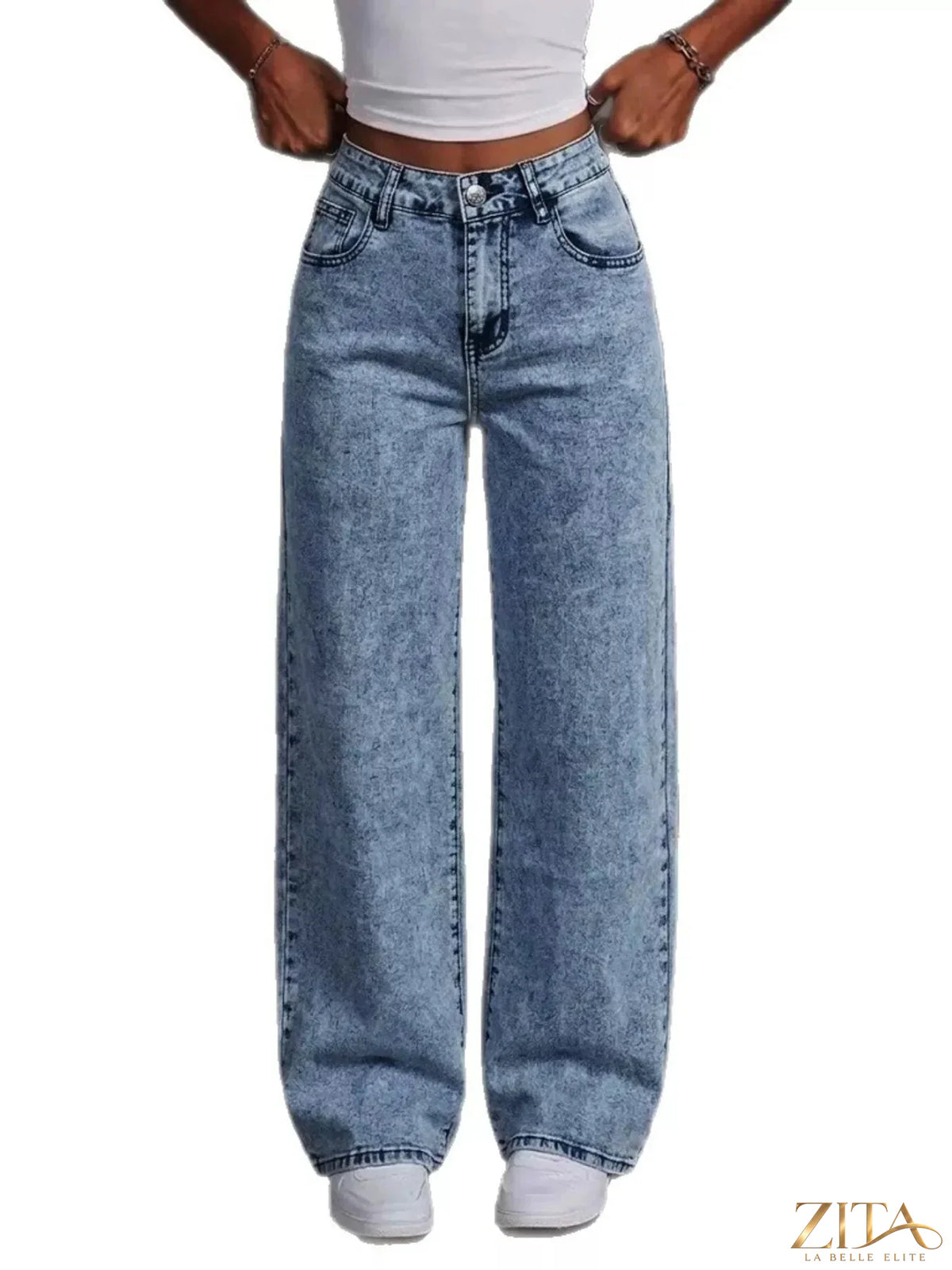 Washed wide-leg jeans by Zita La Belle Elite with embroidered bow detail on the front, showcasing relaxed fit and stylish design.