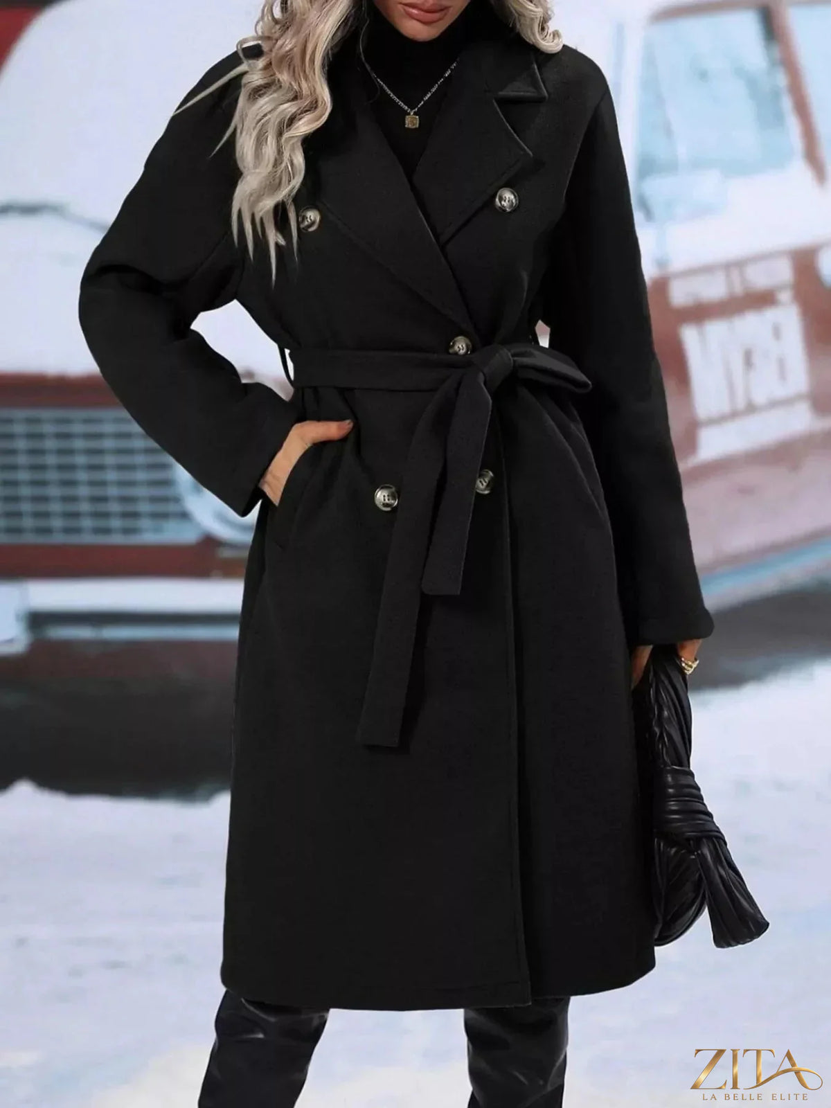 Zita La Belle Elite double-breasted tie waist coat in neutral fabric, shown on a model with front view and double-breasted button design.