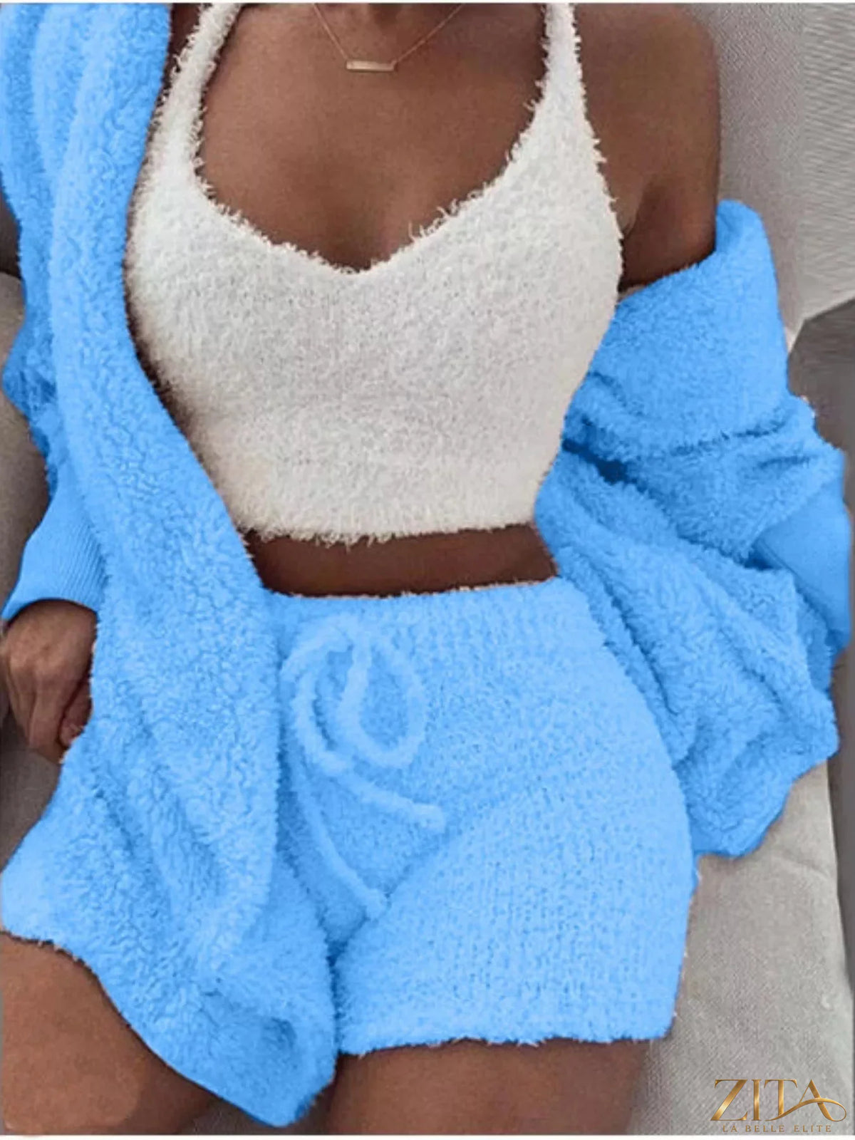 Plus size fuzzy plush cardigan lounge set by Zita La Belle Elite, featuring a cozy, soft fabric and relaxed fit.