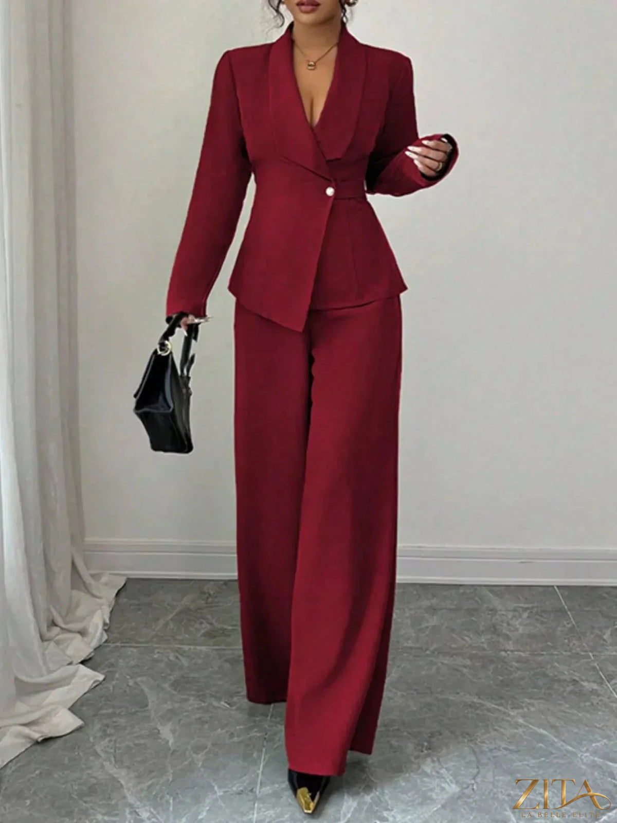 Zita La Belle Elite one-button blazer and matching pants set, tailored fit with classic lapel, displayed on a neutral background