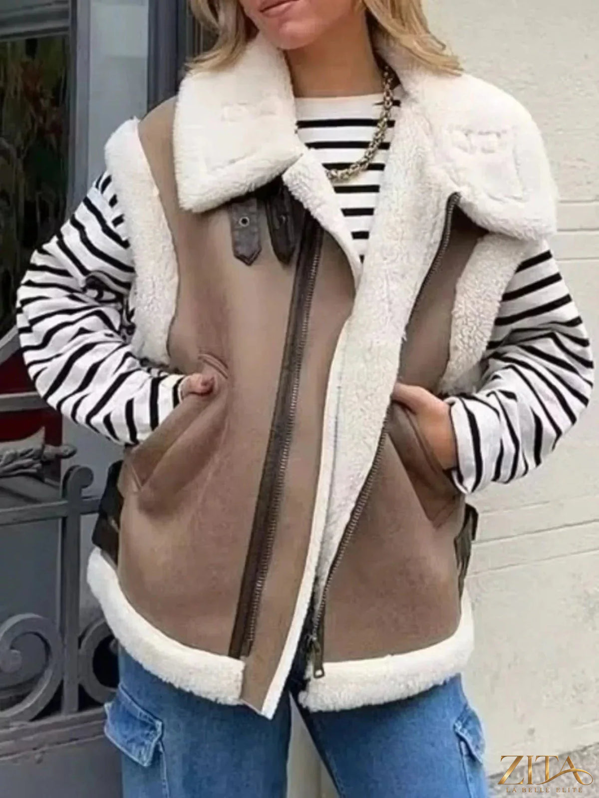 Zita La Belle Elite cozy faux shearling trim vest coat with plush collar and streamlined design, perfect for cold weather wear.