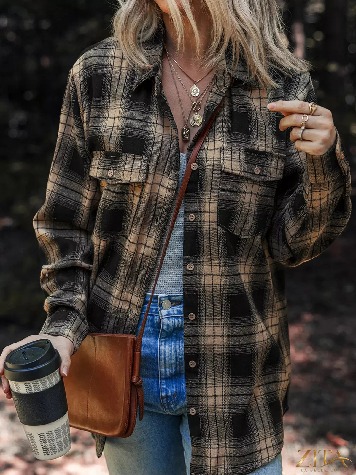 Zita La Belle Elite plaid brushed shacket with double flap pockets, featuring a stylish, cozy design in a classic plaid pattern.