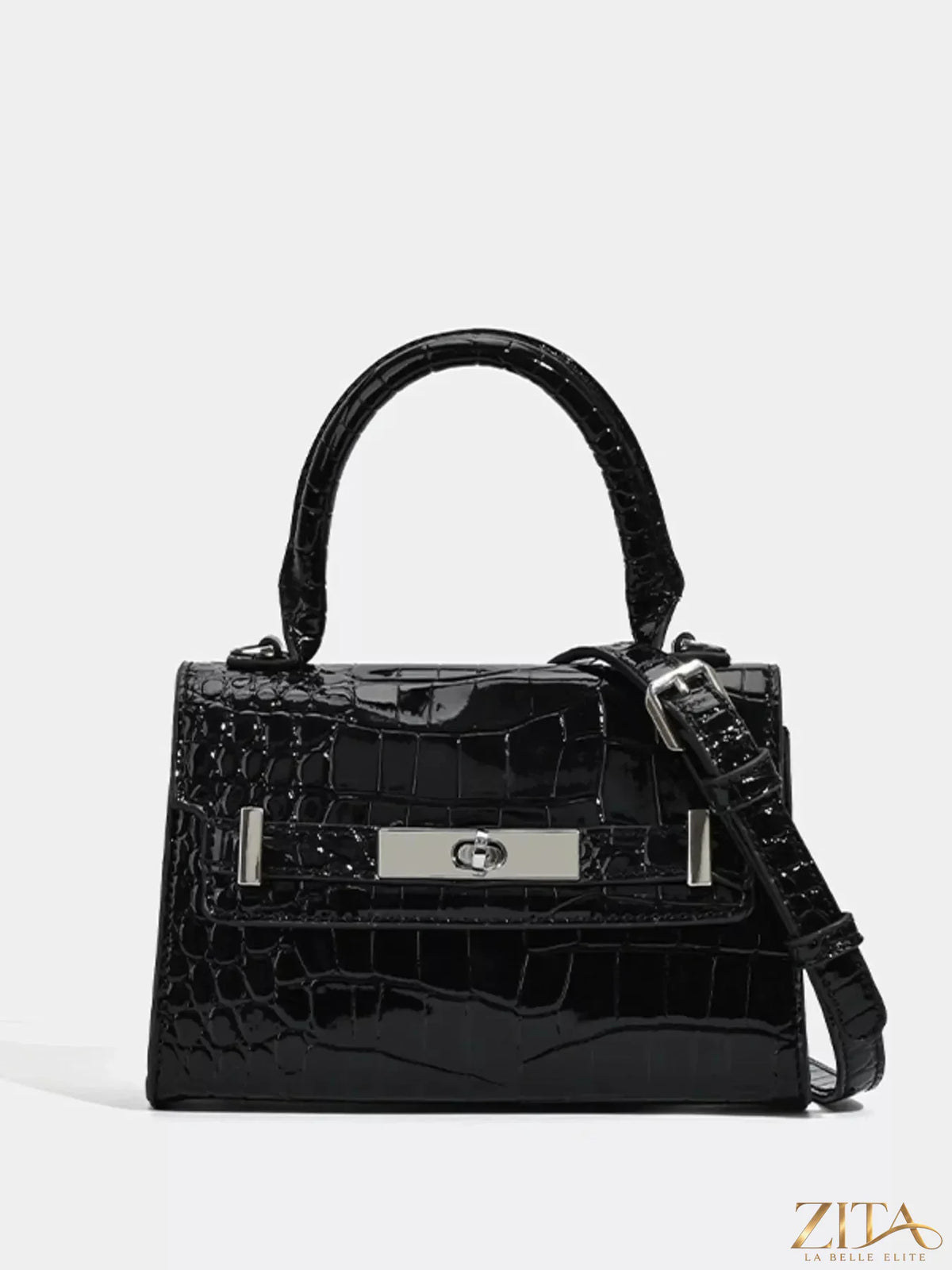 Zita La Belle Elite croc-embossed top handle handbag with gold-tone hardware and structured design, showcasing a luxurious accessory.