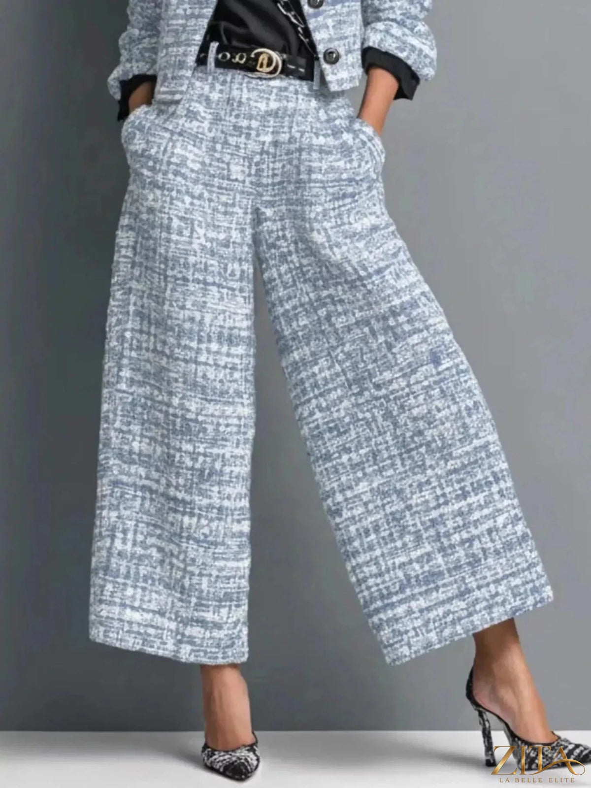 Zita La Belle Elite tweed cropped jacket and wide-leg pants two-piece set, featuring a textured fabric and tailored fit.