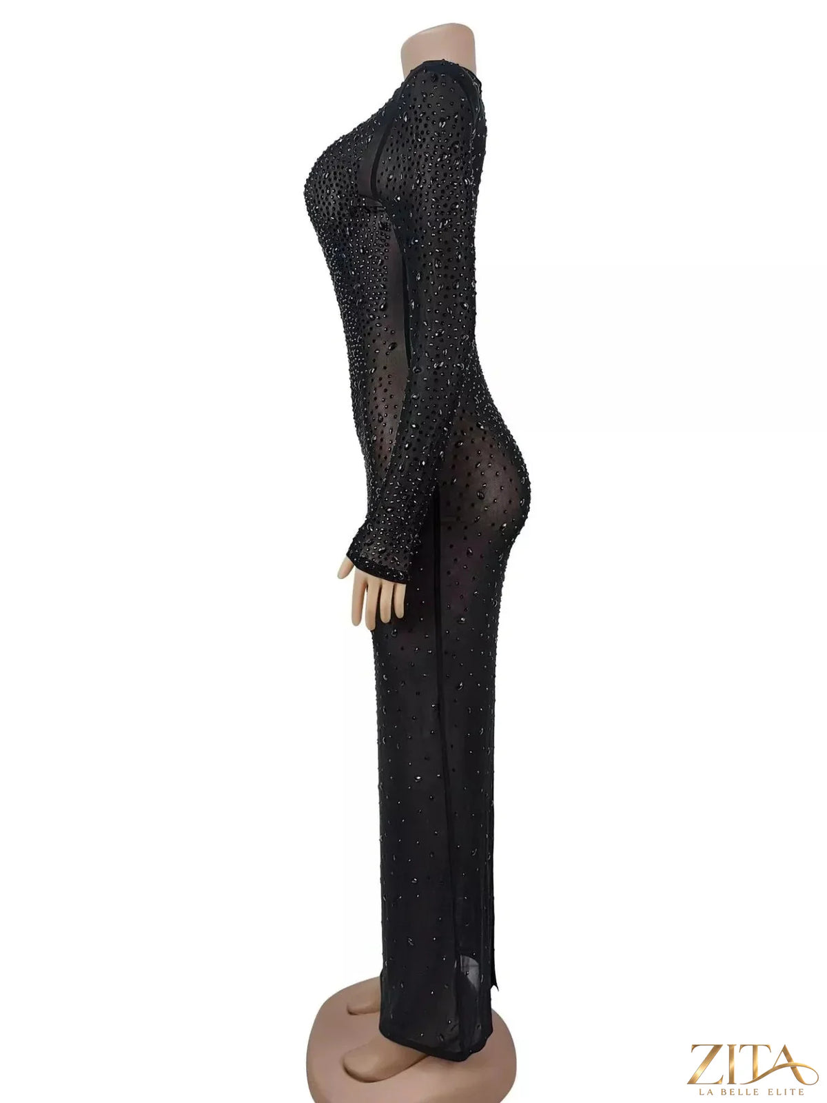 Sheer mesh long sleeve evening dress with rhinestone embellishments by Zita La Belle Elite, showcasing intricate details and elegant design.