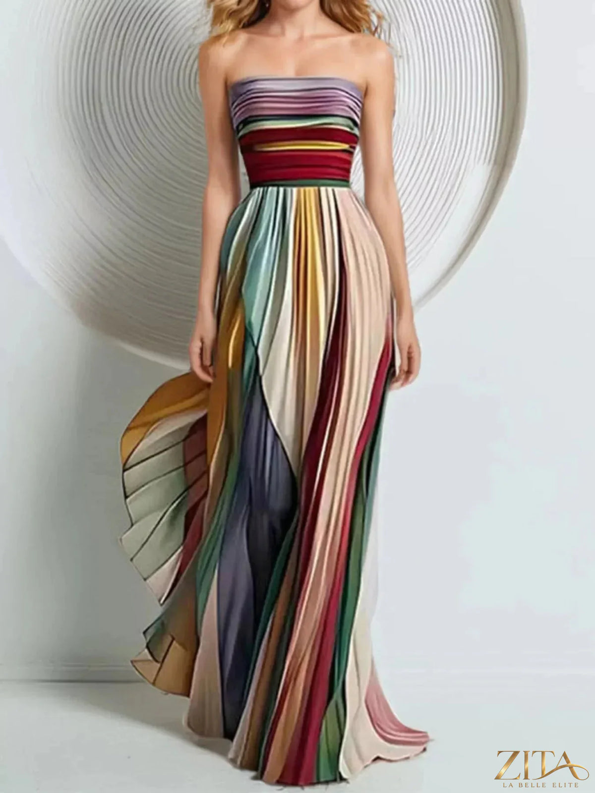 Zita La Belle Elite striped pleated tube maxi dress with horizontal multicolor stripes and a flowing, elegant design.