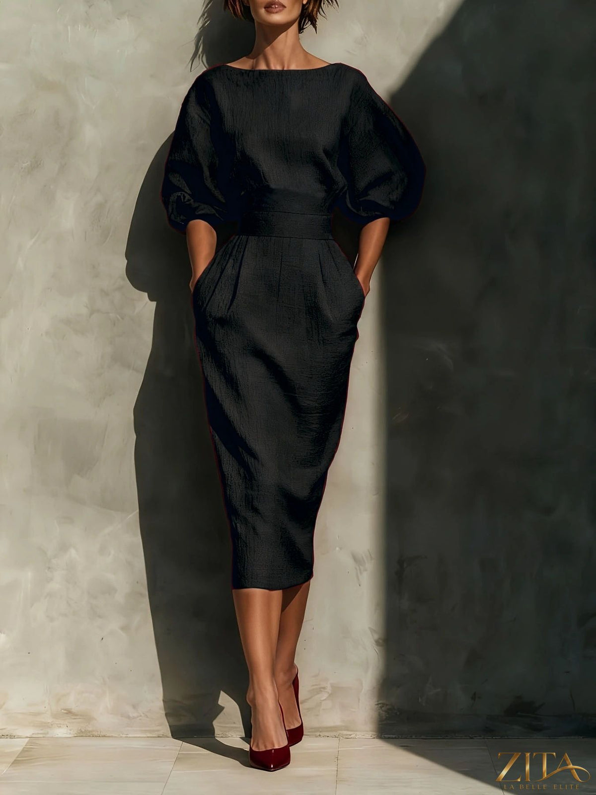Zita La Belle Elite round neck puff sleeves midi dress displayed on a model, showcasing its elegant design and fit.