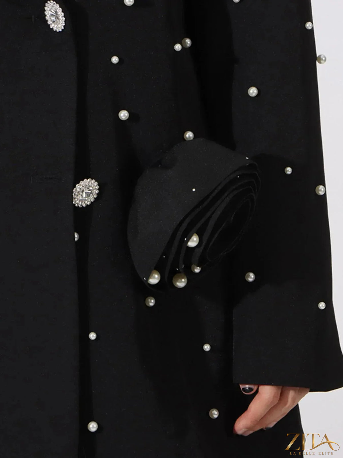 Pearl-embellished double-breasted blazer from Trendsi, featuring sleek tailored fit and elegant pearl accents.