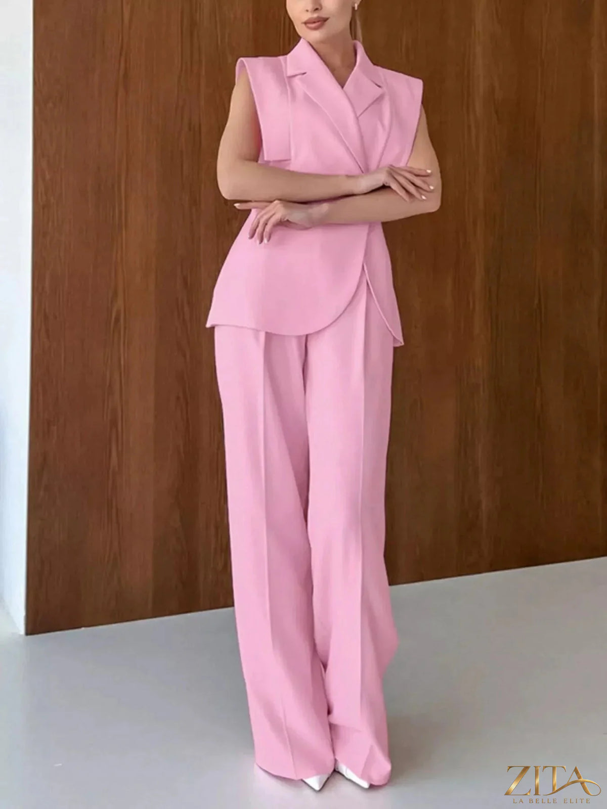 Zita La Belle Elite sleeveless blazer and wide-leg pants two-piece set, stylish formal outfit with tailored fit and modern design.
