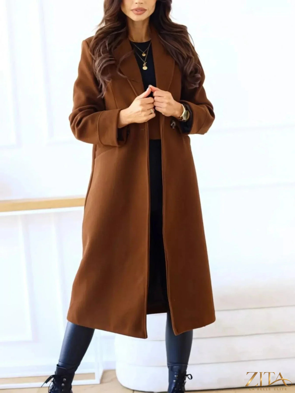 Zita La Belle Elite wool blend overcoat with lapel collar, tailored fit, in neutral color, suitable for cold weather wear.