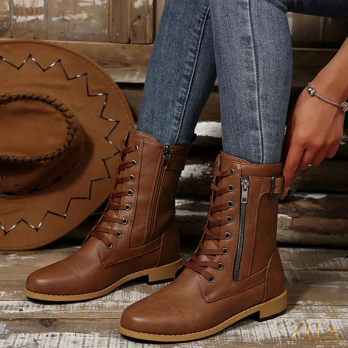 Zita La Belle Elite round toe lace-up block heel boots in black leather with sturdy heel and stylish design.