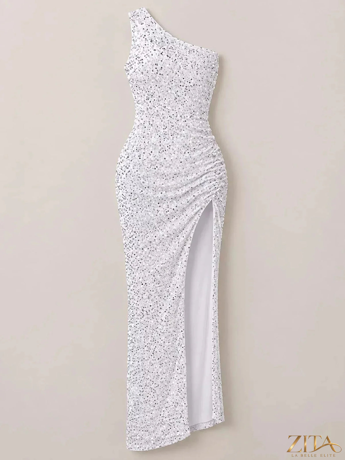 Zita La Belle Elite one-shoulder ruched sequin evening dress with high slit, elegant and glamorous for formal occasions.