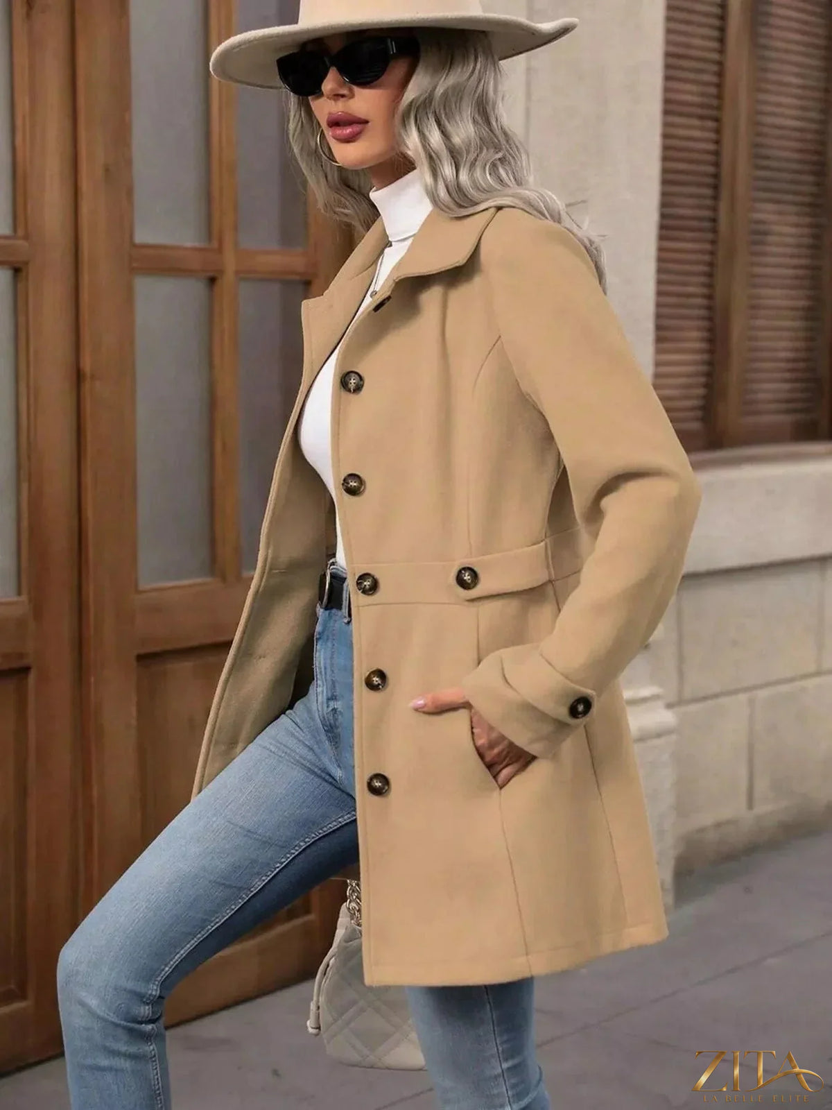 Zita La Belle Elite button-up long sleeve coat with tailored fit, featuring classic collar and front button closure in neutral fabric