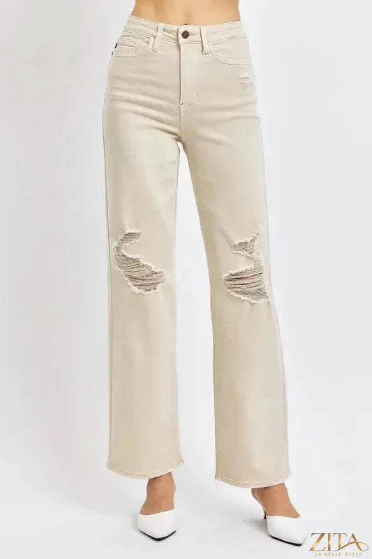 Zita La Belle Elite Judy Blue high waist distressed wide-leg jeans, full size, with ripped details and relaxed fit.