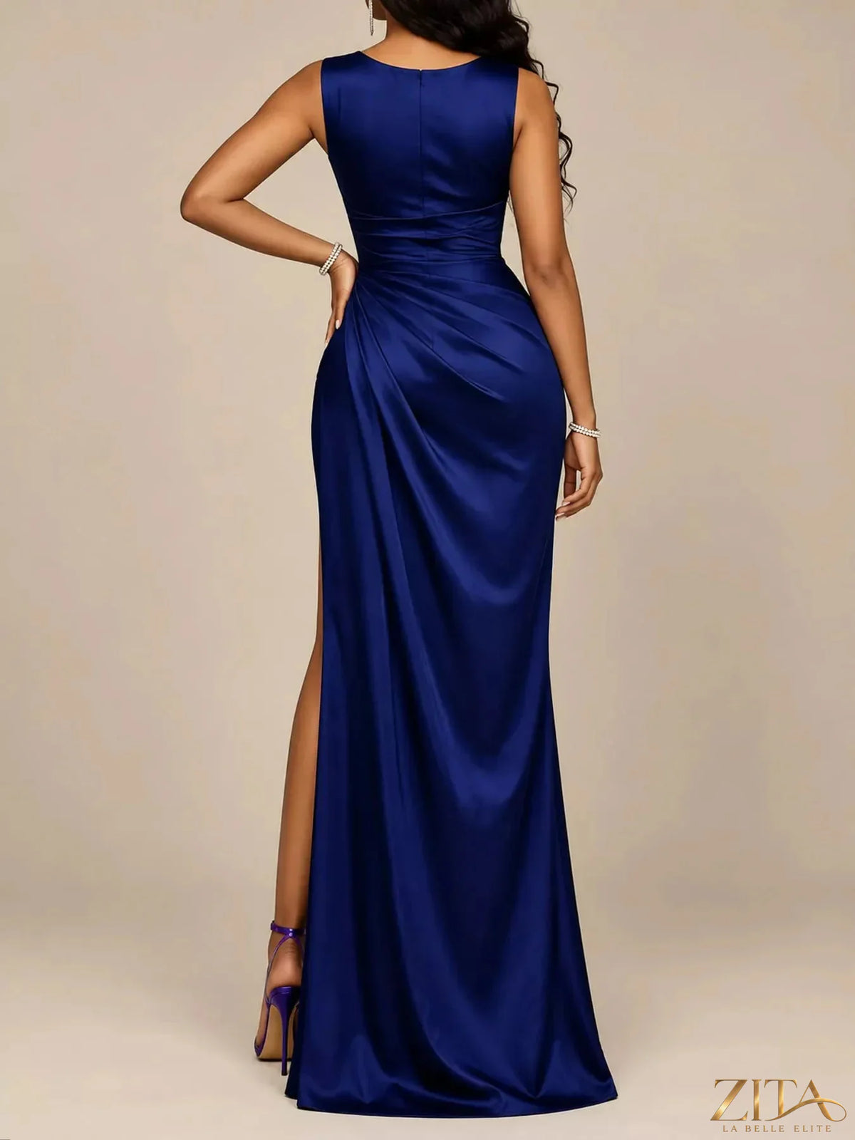 Plus size satin cowl neck evening maxi dress with high slit by Zita La Belle Elite, featuring elegant flowing fabric and sleeveless design.