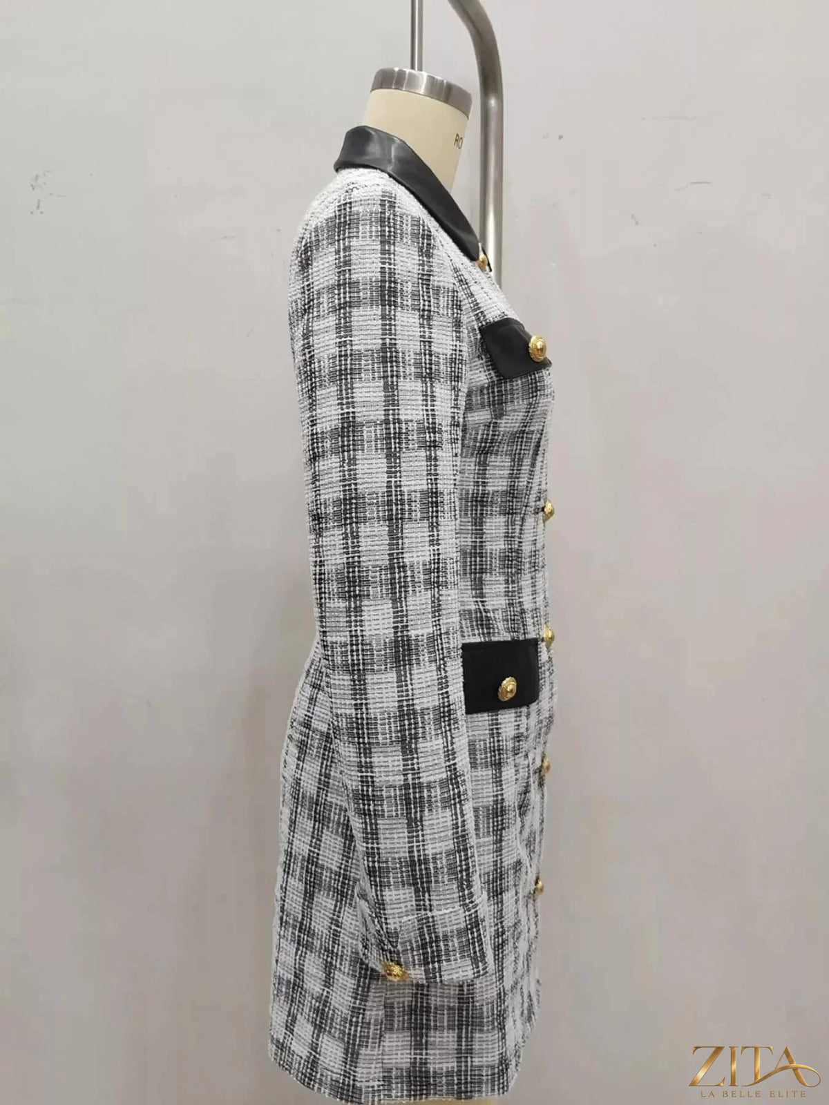 Zita La Belle Elite long sleeve plaid tweed button-down mini dress, featuring a classic pattern and tailored fit.