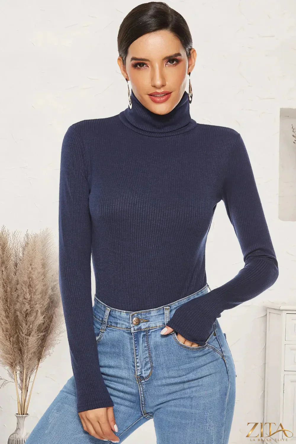 Ribbed black turtleneck long sleeve bodysuit by Trendsi, close-up of fitted design and textured ribbed fabric.