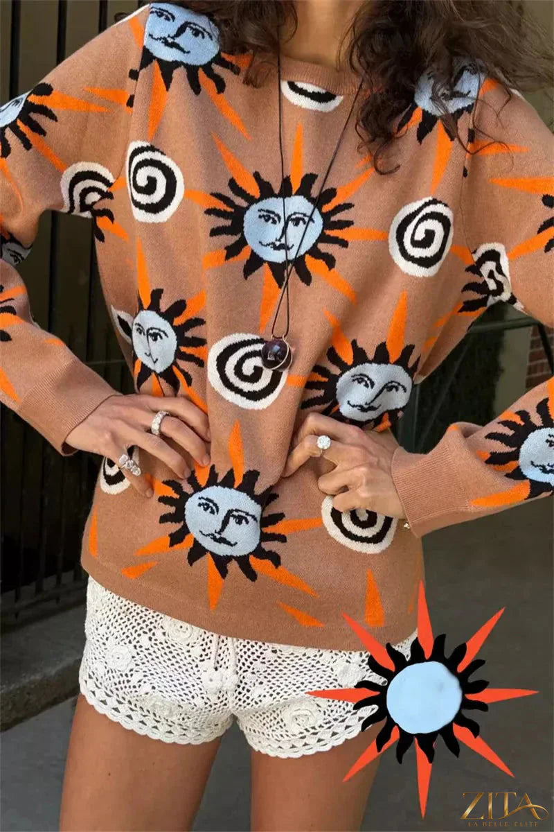 Zita La Belle Elite sun graphic top, matching cardigan, and pants 3-piece sweater set displayed on a model.